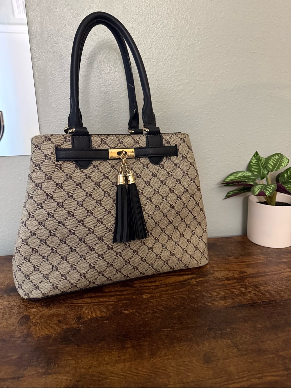 Brown Monogram Print Structured Tassel Satchel Handbag